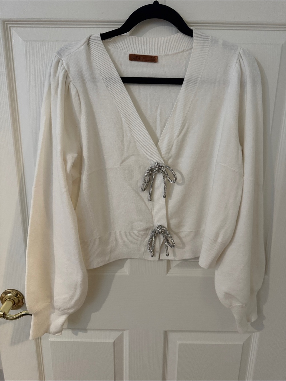Belldini Cream V-Neck Tie-Front Cardigan with Puff Sleeves